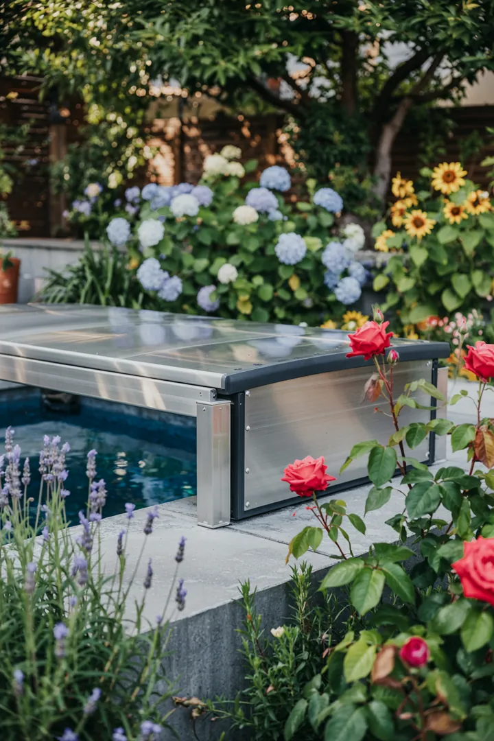 "Elegante, begehbare Abdeckung für einen luxuriösen Außenpool, die Sicherheit und Stil vereint, ideal für entspannte Sommertage."