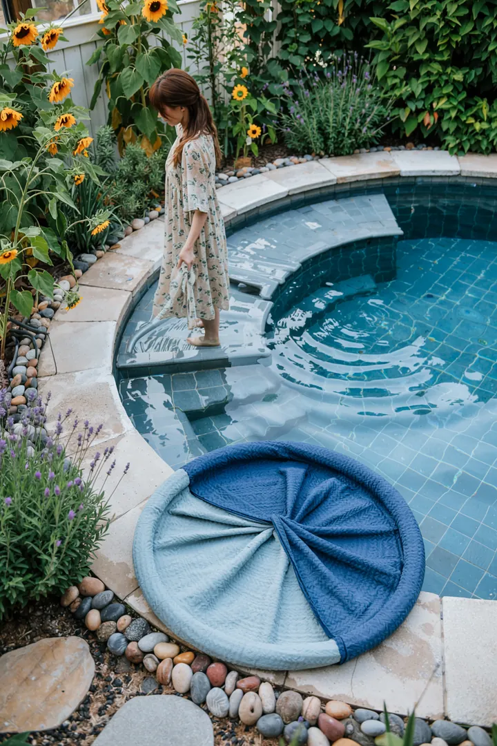 Eine elegante Rundform schützt einen kleinen, natürlichen Pool im Garten, ideal für entspannte Stunden im Freien.