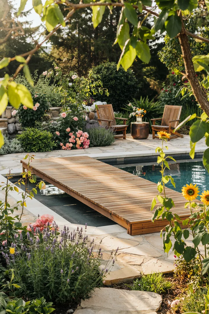 Ein stilvoll gestalteter Dachgarten mit modernem Wasserbecken, umgeben von grünen Pflanzen und gemütlichen Sitzbereichen. Ideal für Entspannung und Freizeit.