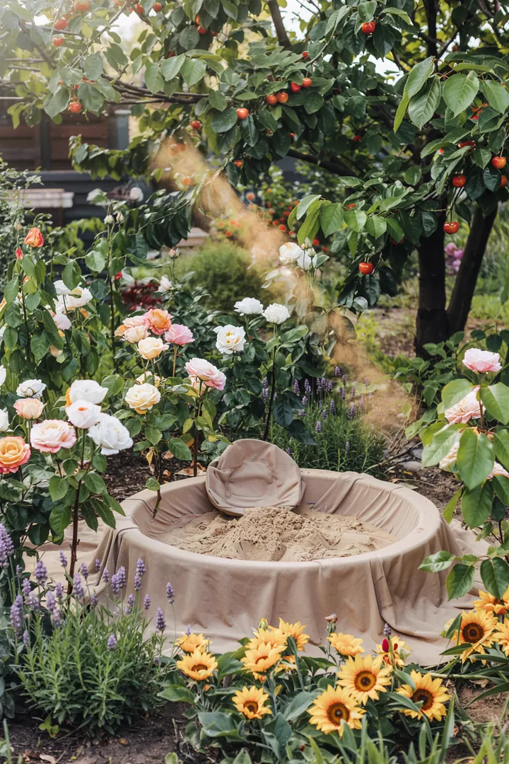 Ein einladender Spielbereich im Freien mit einem bunten Sandkasten, ideal für Kinder, die im Garten spielen und ihre Kreativität entfalten.