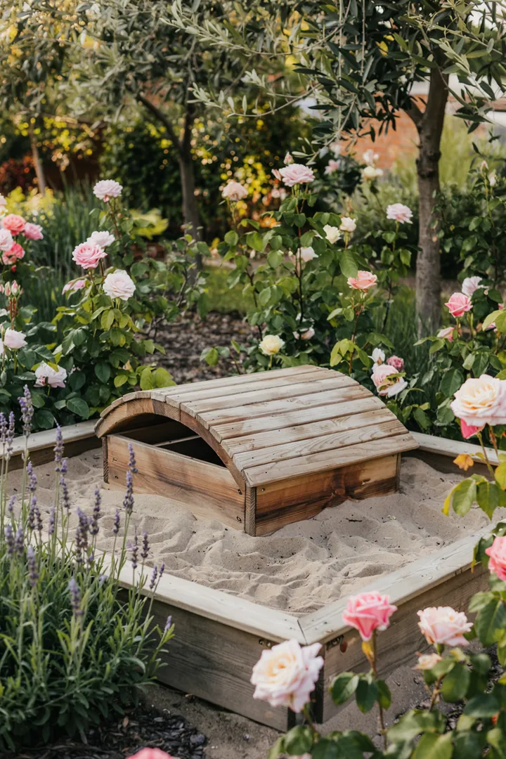 Ein einladender Außenbereich mit einem bunten Spielhaus und einem fröhlichen Sandkasten, perfekt für die spielerische Entfaltung von Kindern im Garten.