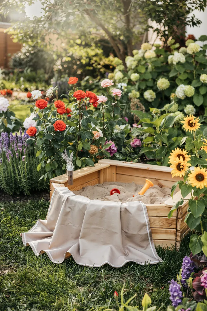 Ein einladender Außenbereich mit einem bunten Spielplatz, der eine kreative Spielecke mit einer Matschküche und einem Sandbereich für Kinder umfasst.