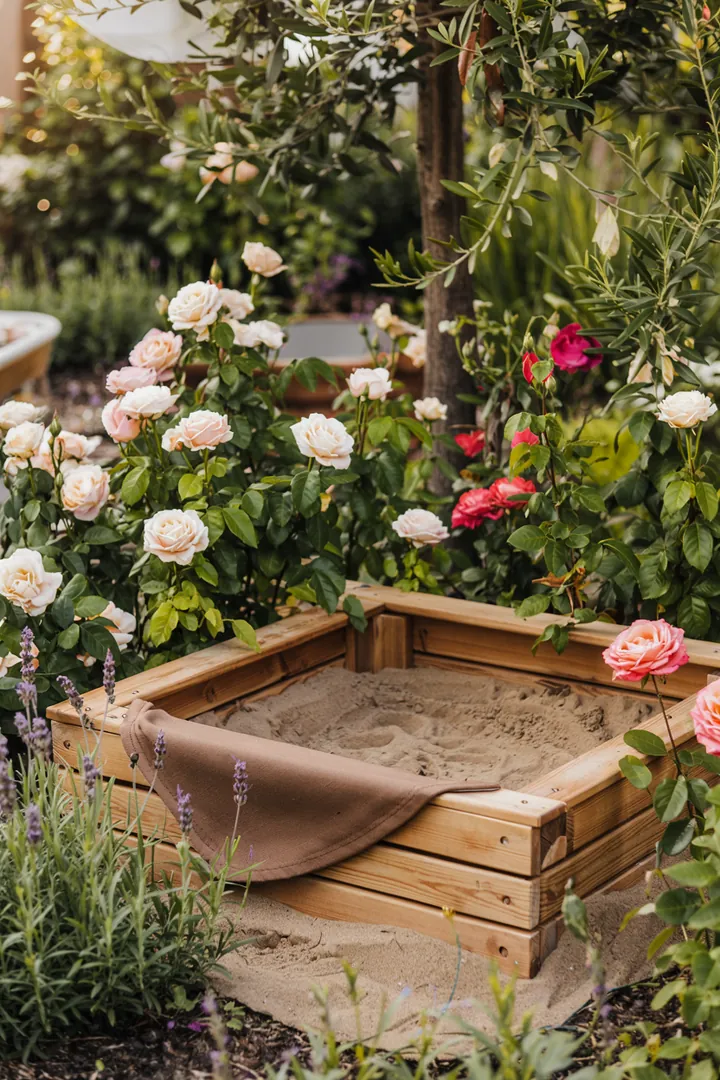 "Bunte Sandkastenlandschaft mit kreativem DIY-Sonnenschutz, ideal für Spiel und Entspannung im Freien."