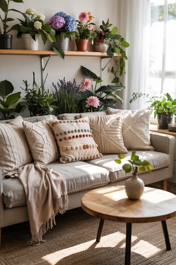 Gemütlicher Wohnraum im Boho-Stil mit farbenfrohem Teppich und stilvollen Holzregalen, die eine warme und einladende Atmosphäre schaffen.