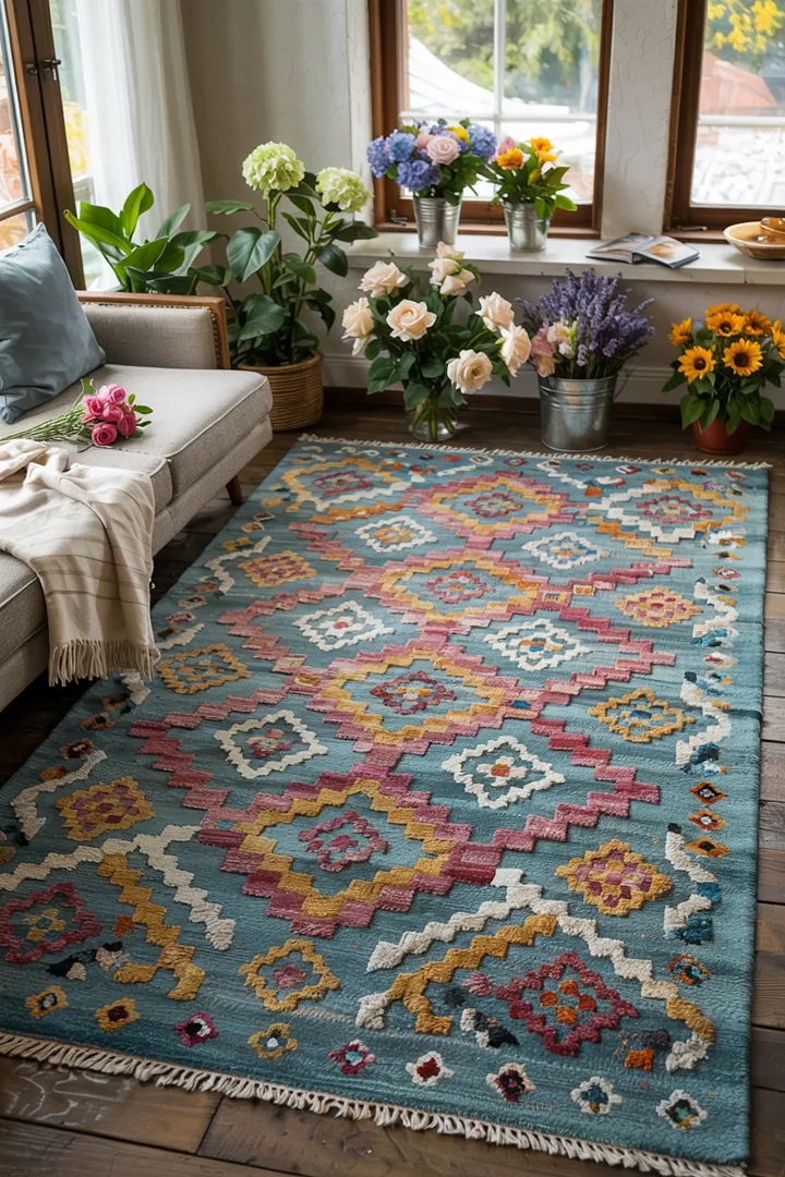 Farbenfrohes Bodenaccessoire mit lebhaften Mustern, das einem Raum Wärme und Stil verleiht, ideal für kreative Wohnräume.