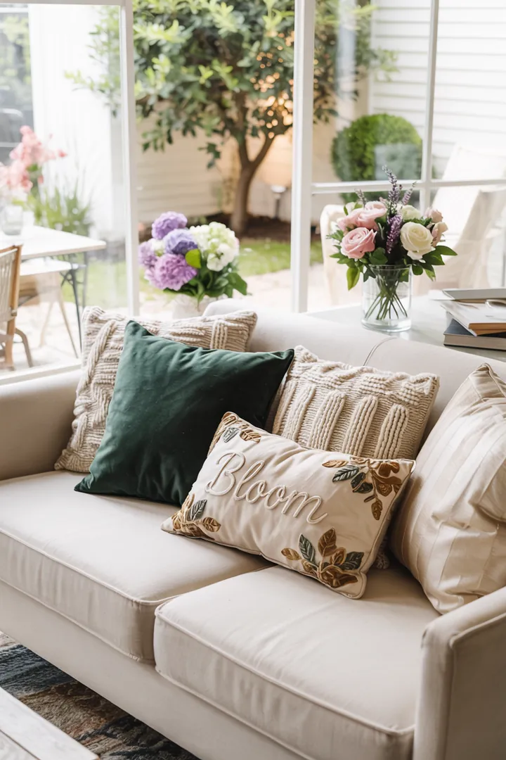 Ein stilvolles Wohnzimmer mit einem Sofa, das mit bunten Kissen dekoriert ist, schafft eine einladende und gemütliche Atmosphäre.