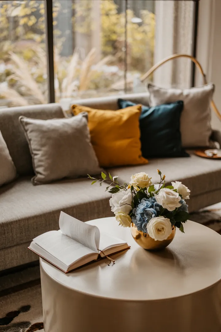 Ein stilvoll dekoriertes Wohnzimmer mit einem grauen Sitzmöbel, umgeben von geschmackvollen Textilien und Kissen in harmonischen Farben, ideal zum Kombinieren.