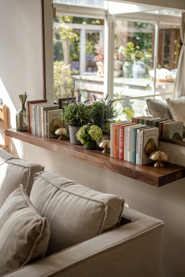 Ein stilvolles Arrangement von Büchern auf eleganten Regalen aus Holz, das eine gemütliche Leseecke schafft und Lieblingsbücher präsentiert.