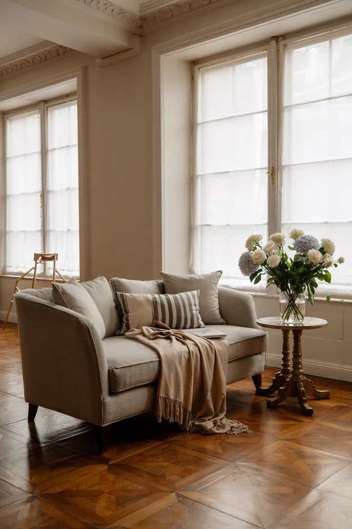 Ein gemütlicher Wohnraum mit einer tiefen Sitzgelegenheit, harmonisch arrangiert, um eine einladende Atmosphäre zu schaffen.