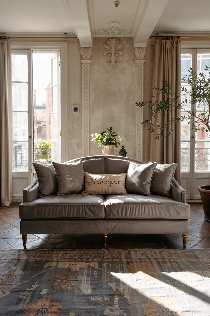 Ein eleganter Teppich mit traditionellem Muster verleiht dem Wohnraum Wärme, während ein modernes Regal von Ikea stilvolle Akzente setzt.