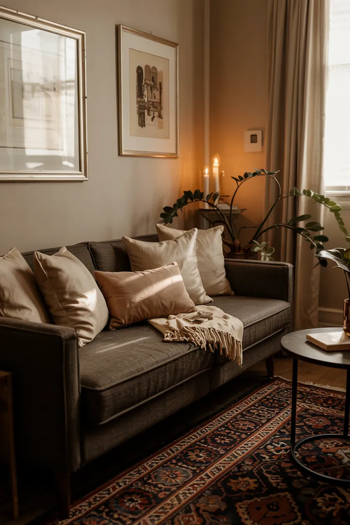 Ein einladender Raum mit einem multifunktionalen Tisch, der als Nähplatz dient und stilvoll in die gemütliche Wohnatmosphäre integriert ist.