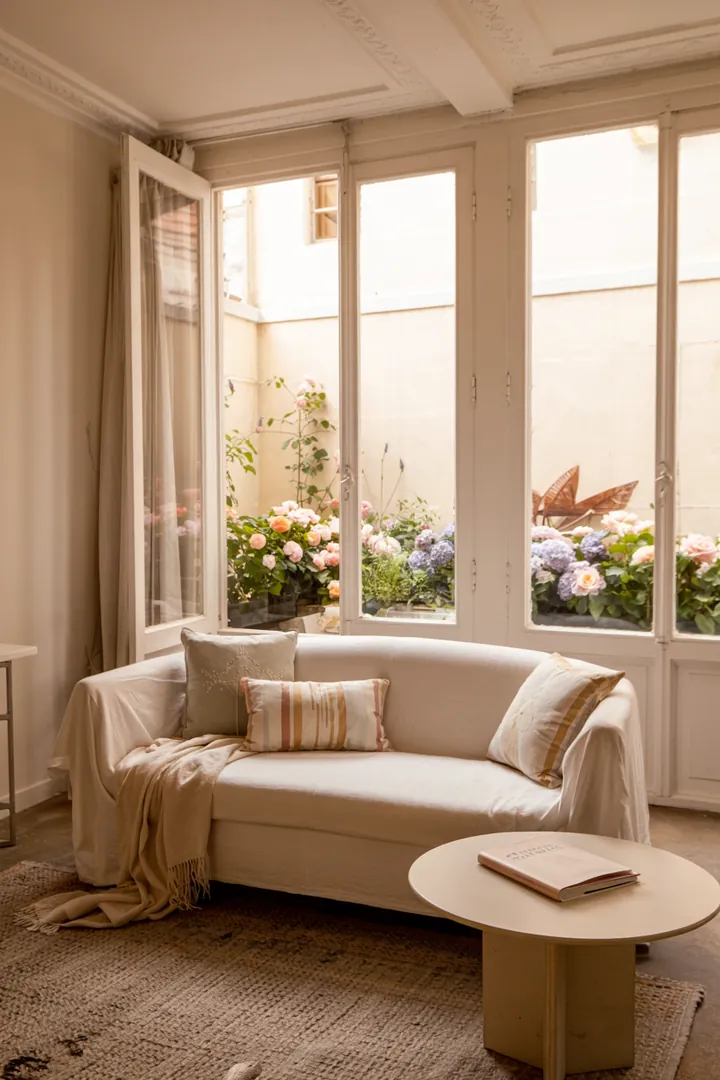 Ein stilvoll renoviertes Zuhause mit einem eleganten Teppich, der das Wohnzimmer in warmen Farben akzentuiert und einladende Atmosphäre schafft.