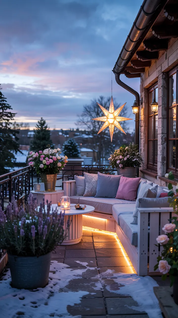 Ein festlich dekorierter Wohnraum mit einem strahlenden Stern, der die weihnachtliche Atmosphäre unterstreicht und Gemütlichkeit ausstrahlt.