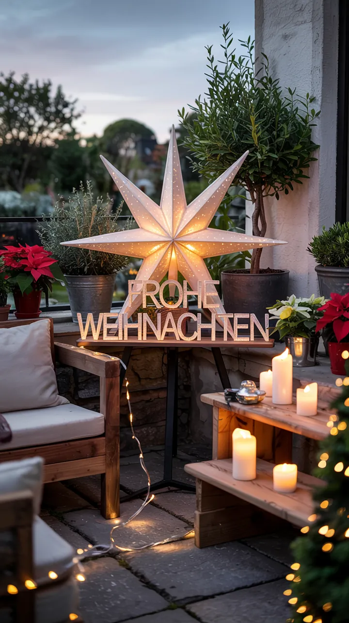 „Funkelndes Deko-Element in Form eines leuchtenden Sterns, ideal für festliche Außenbereiche während der Winterzeit.“