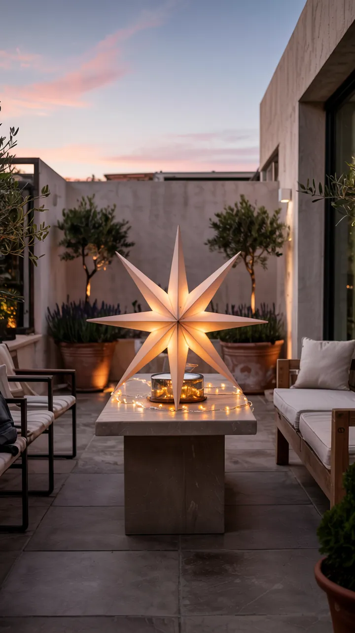 Ein festlich geschmückter Außenbereich mit einem strahlenden Stern, der eine warme, einladende Atmosphäre für ein weihnachtliches Zuhause schafft.