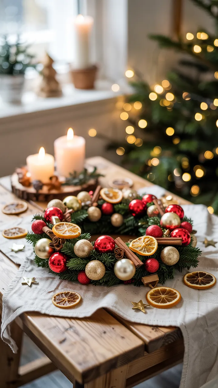Ein rustikales, handgefertigtes Deko-Arrangement für die festliche Jahreszeit, bestehend aus einem gestrickten Kranz und stilvollen Gläsern, die eine warme, einladende Atmosphäre schaffen.