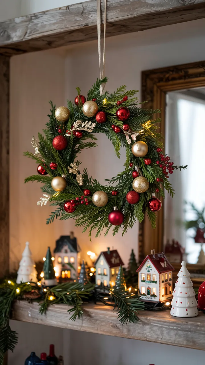 Hängende Adventskranz-Dekoration über einem festlich gestalteten Weihnachtsdorf, das eine gemütliche, natürliche Atmosphäre ausstrahlt.