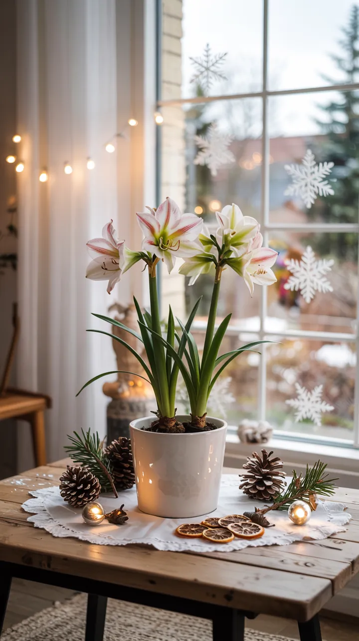 Ein stilvolles Arrangement mit floralen Elementen auf einem dekorativen Tablett, umgeben von winterlicher Atmosphäre und harmonischen Farben.