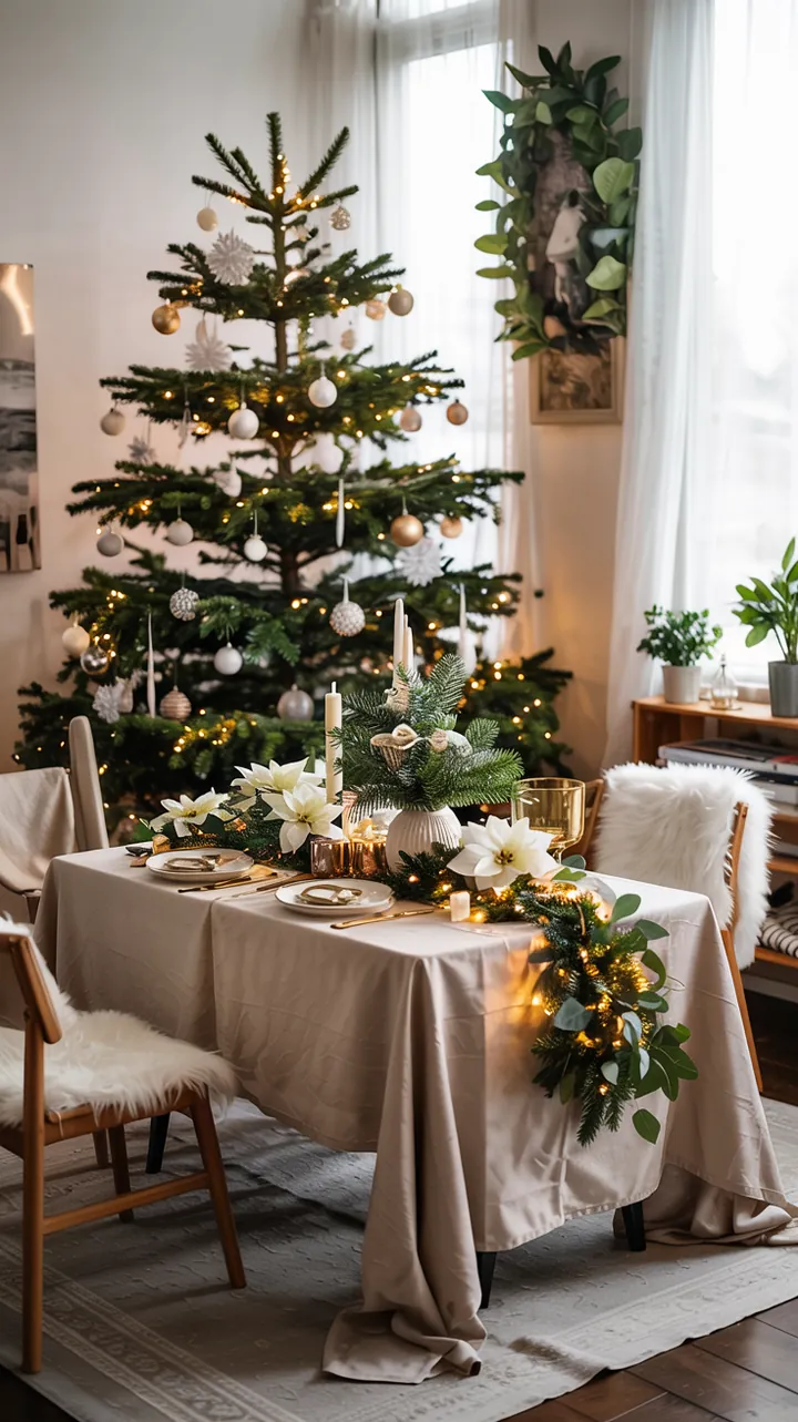 Gemütliche Winteratmosphäre mit festlicher Dekoration auf einem Tablett, umgeben von einem warmen Feuerschein und Weihnachtsfreude.