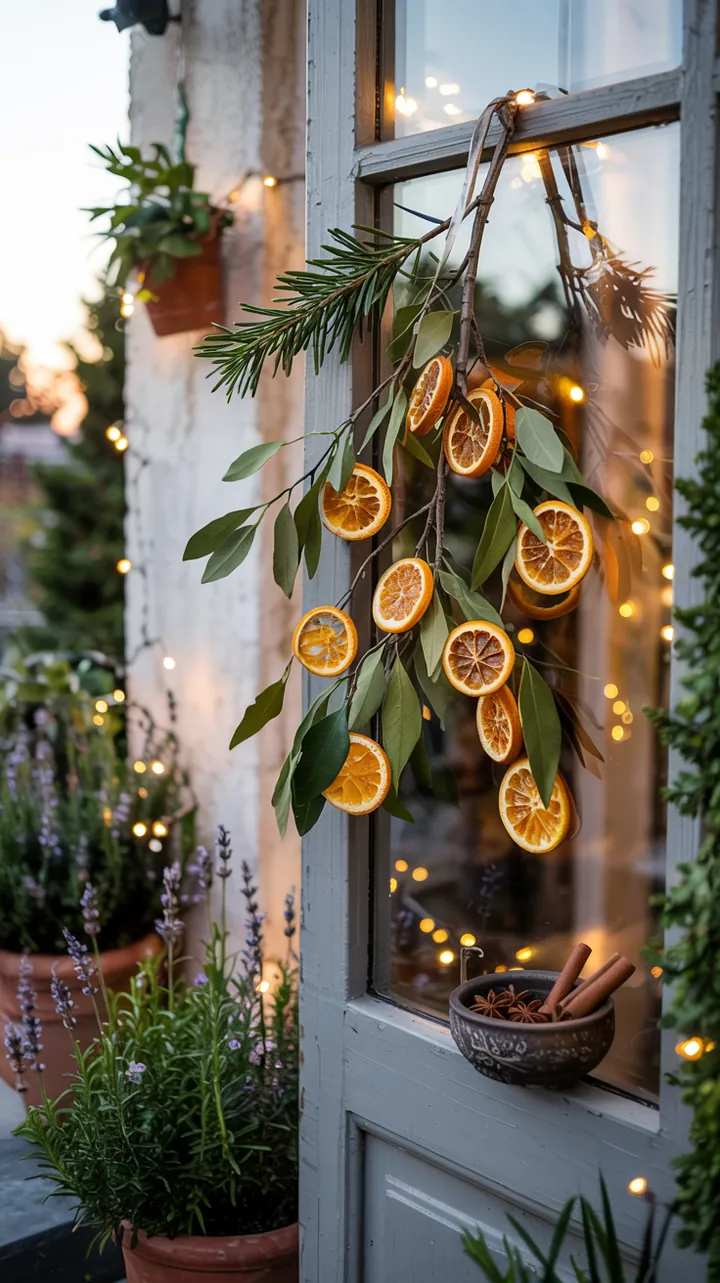 Ein stilvolles Fenster mit einem dekorativen Ast, umgeben von kunstvoll getrockneten Orangenscheiben, schafft eine warme und einladende Atmosphäre.