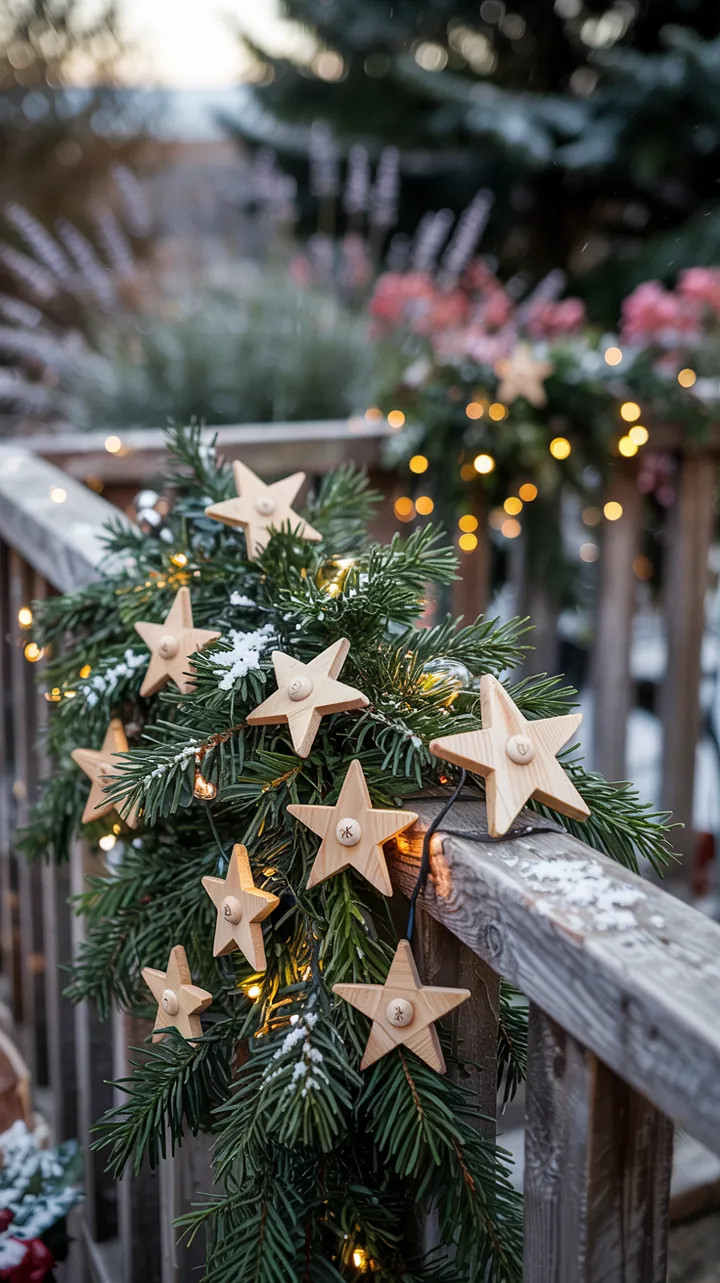 Dekorative Tannengirlande mit handgefertigten Holzsternen, die eine festliche Atmosphäre schafft und kreative Bastelideen inspiriert.