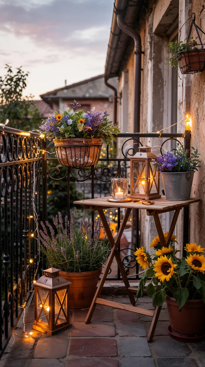 Gemütliche Atmosphäre mit strahlenden Lichtern auf einem Winterbalkon, der liebevoll dekoriert ist und einladende Stimmung schafft.