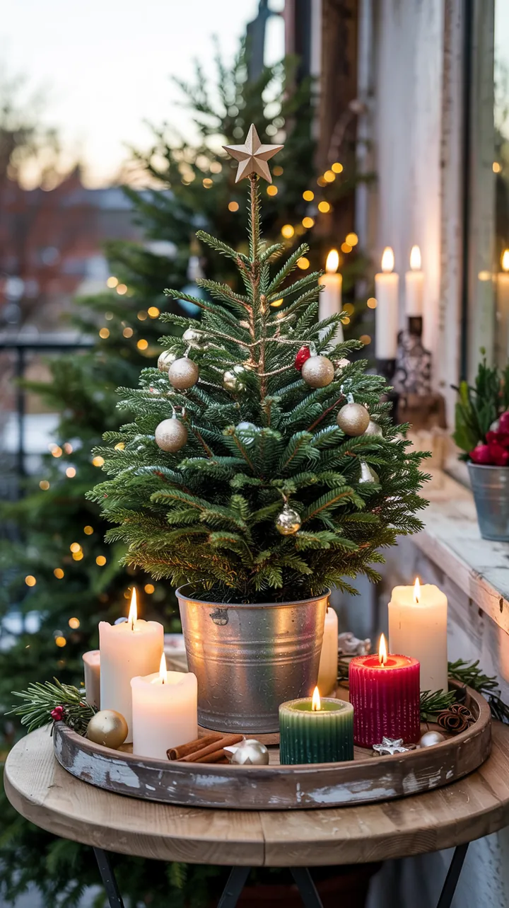 Ein festlich geschmückter Baum in einem warmen Licht, umgeben von sanften Flammen, schafft eine gemütliche Atmosphäre zur Weihnachtszeit.