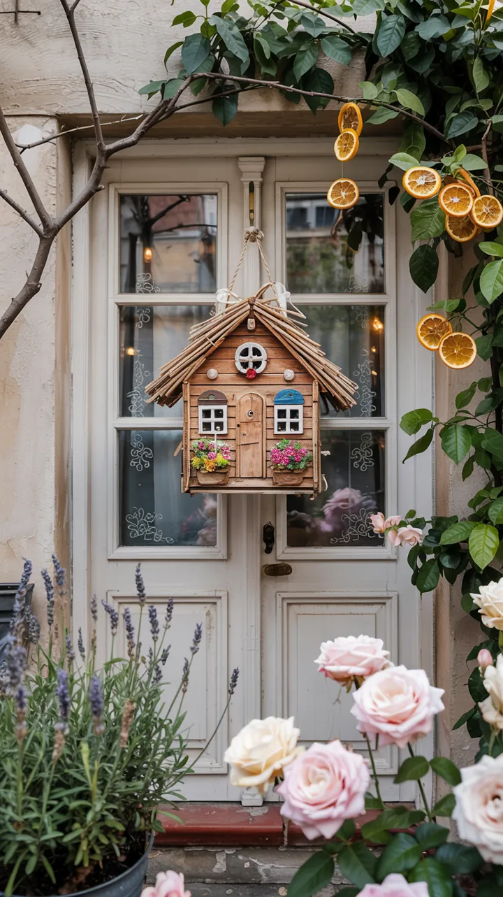 Ein liebevoll gestaltetes Fenster mit einem rustikalen Ast, der mit handgefertigten Holzhäusern als kreative Deko verschönert wird.