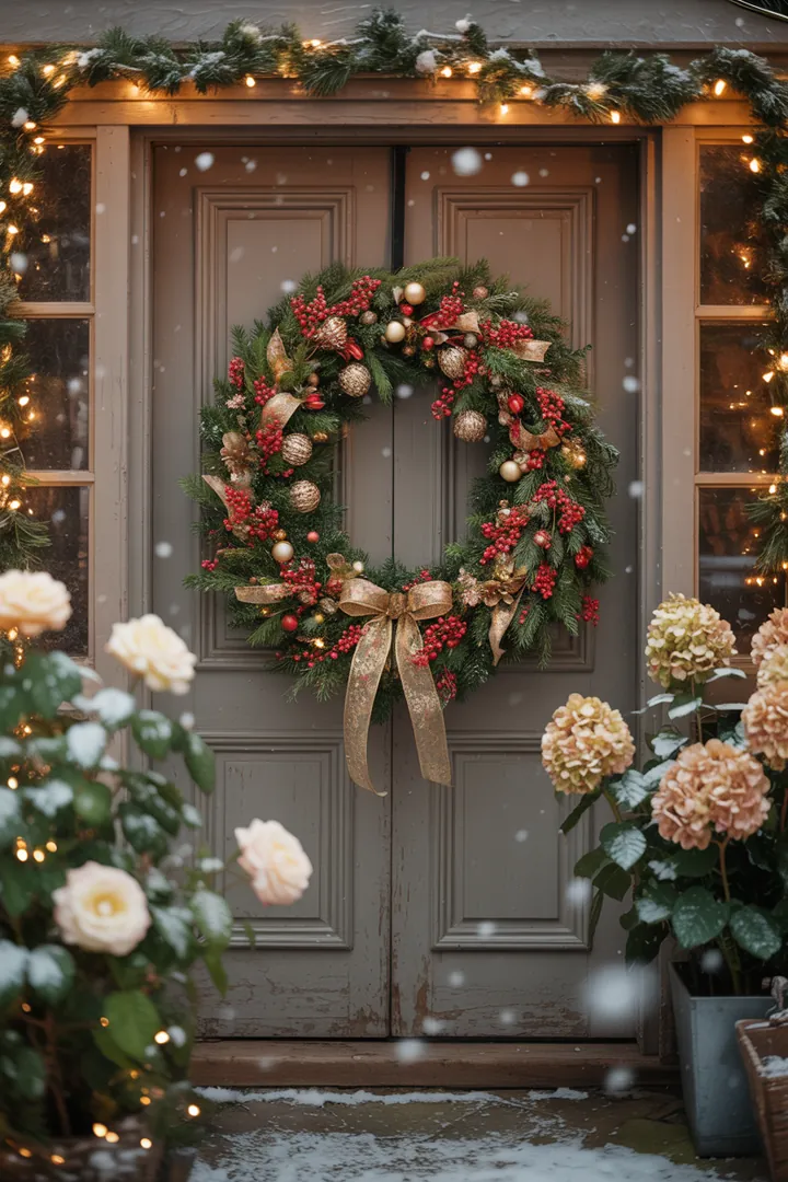 "Festlich gestalteter Türkranz aus natürlichen Materialien, ideal für die winterliche Außenbereich-Dekoration zur Weihnachtszeit."