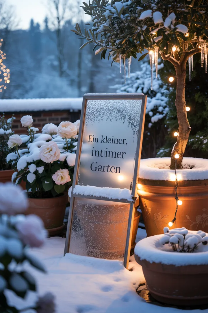 Festliche Außendekoration mit Lichtern und Tannenzweigen, die eine einladende Atmosphäre auf der Terrasse und am Eingang schafft.