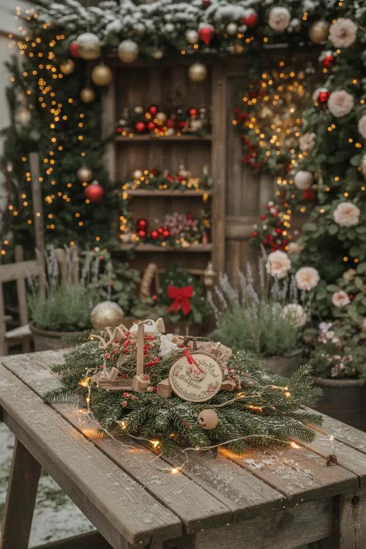 Ein rustikaler Schlitten als festliche Außendekoration, geschmückt mit einem eleganten Adventskranz ohne Kerzen, bringt weihnachtliche Stimmung in den Garten.