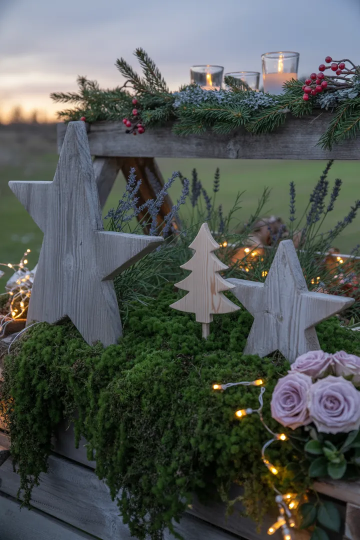 Eine festlich geschmückte Fensterbank mit handgefertigten Dekorationen, die eine warme, einladende Atmosphäre für die Winterzeit schafft. Ideal für Outdoor-Dekorationen.