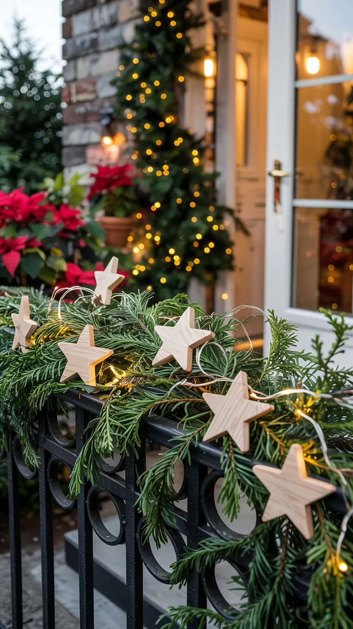 Eine festliche Dekoration aus einer Tannengirlande mit einem kunstvoll gestalteten Stern aus Zweigen, die eine warme, einladende Atmosphäre schafft.