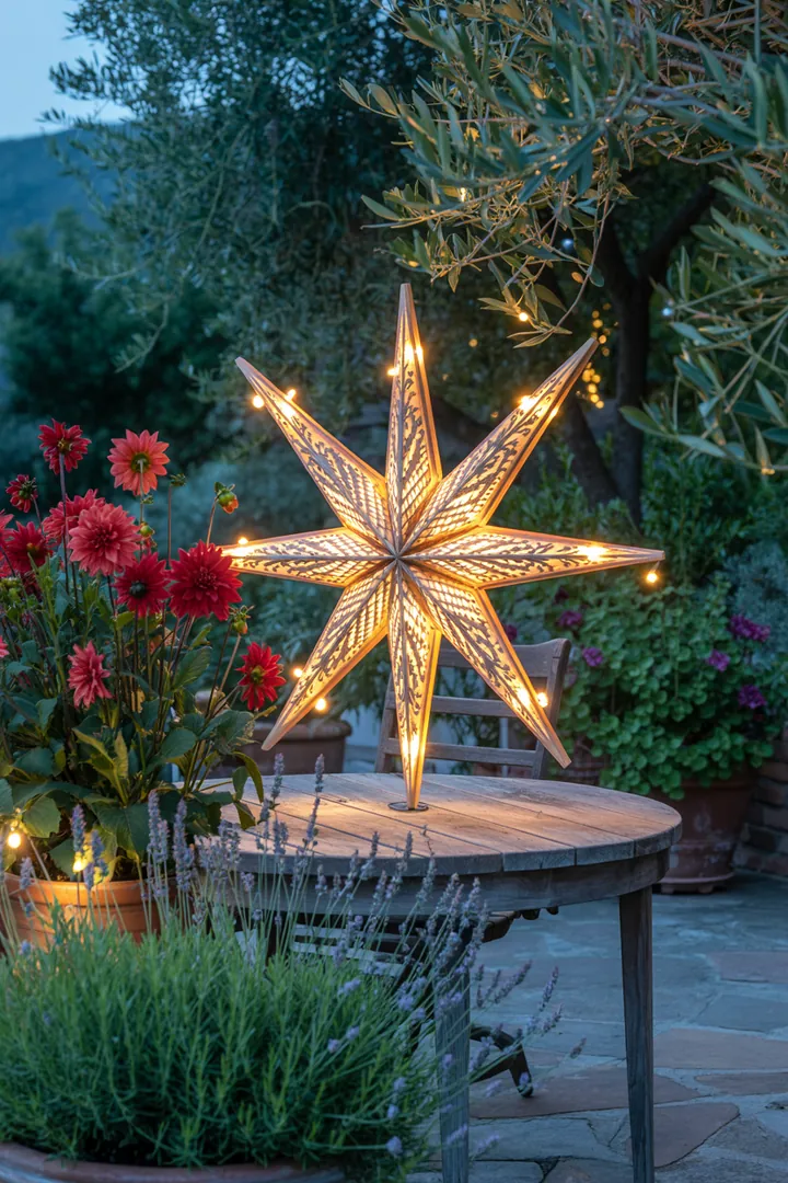 Glühende Lichter schmücken einen gemütlichen Außenbereich, während kunstvoll gestaltete Holzsterne festliche Stimmung verbreiten und die winterliche Atmosphäre unterstreichen.