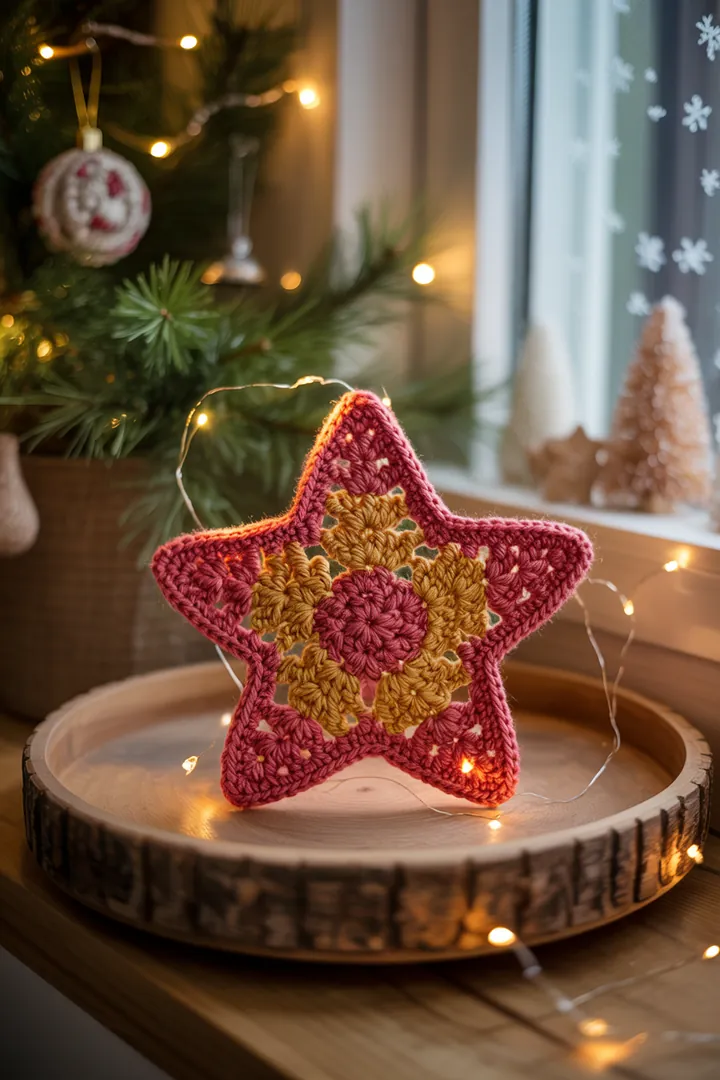 „Bunte, handgefertigte Kissen in Sternenform, die mit verschiedenen Häkeln-Techniken erstellt wurden, ideal für kreative Applikationen.“