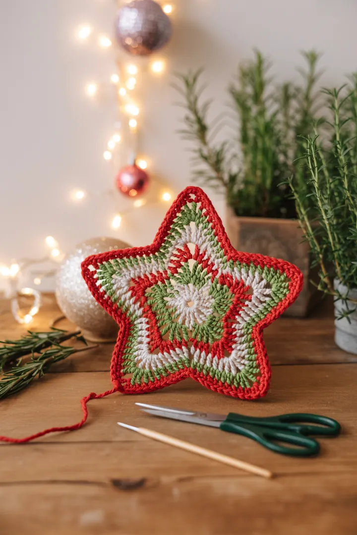 Ein weiches, dekoratives Kissen in Form eines Sterns, das durch Strick- und Häkeltechniken gefertigt wurde, verleiht jedem Raum einen gemütlichen Akzent.