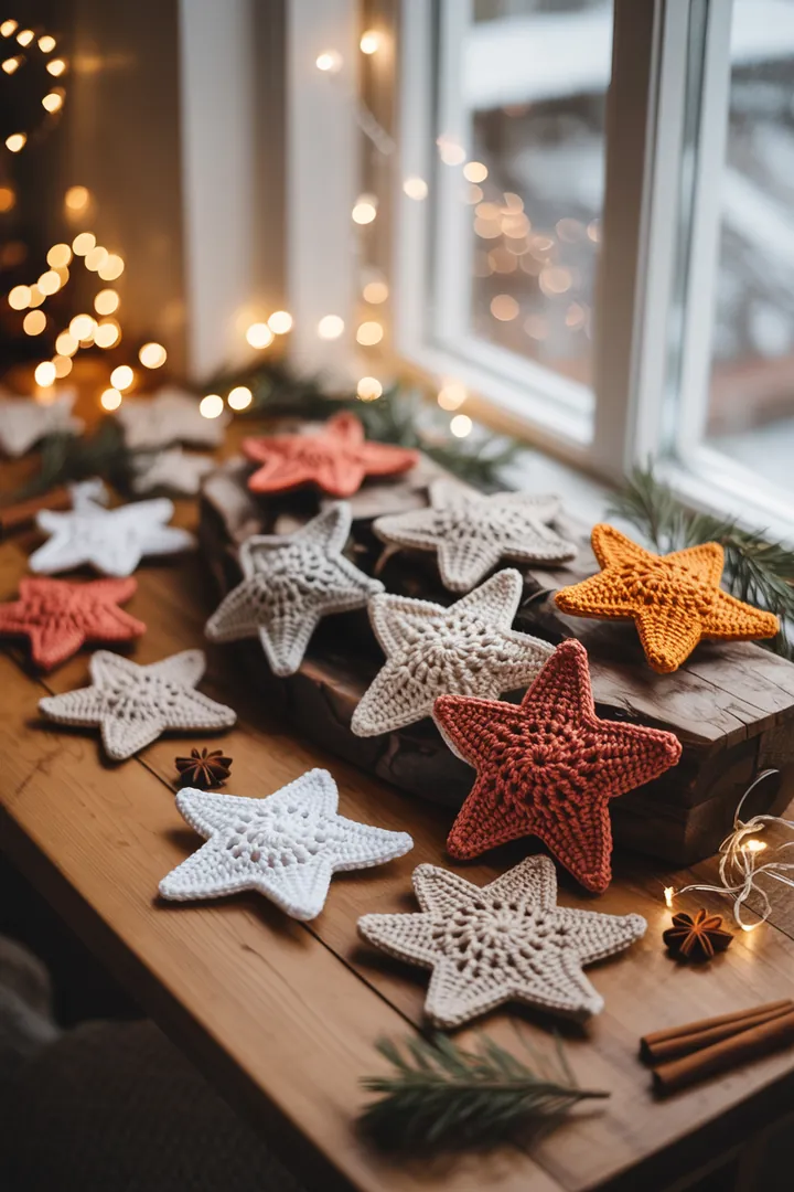 Bunte, handgefertigte Sterne aus Garn, die als festliche Dekoration für die Weihnachtszeit dienen und das Häkeln von Weihnachtsschmuck zeigen.