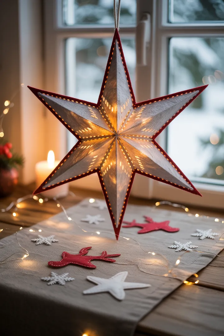 Ein kunstvoll gefalteter Stern aus buntem Papier, der in sanftem Licht glänzt und festliche Stimmung verbreitet. Ideal für kreative Bastelideen.