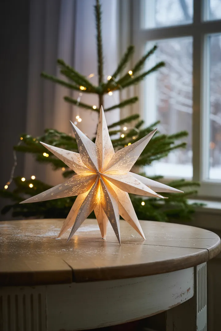 Ein festlich dekorierter Hintergrund mit leuchtenden Himmelskörpern und kunstvoll gefalteten Papier-Elementen, die die winterliche Jahreszeit zelebrieren.