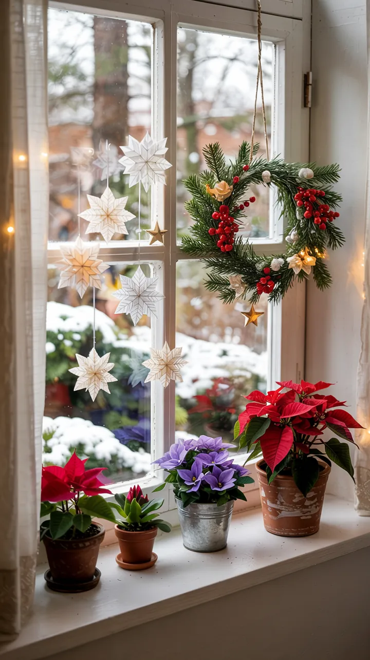 Ein festlich geschmücktes Fenster mit stimmungsvoller Winterdekoration, die die Vorfreude auf die Weihnachtszeit und den Advent vermittelt.