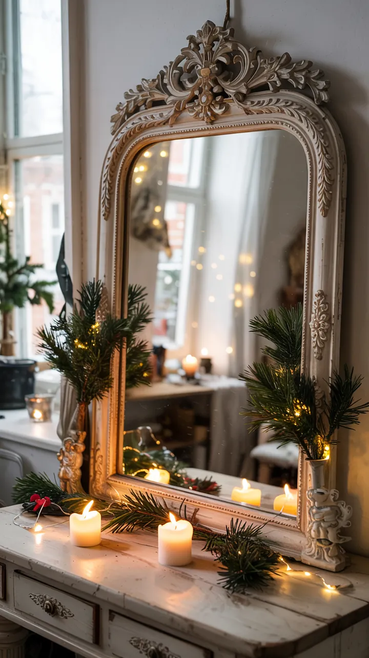 Ein festlich dekorierter Spiegel mit einem natürlichen Ast, geschmückt für die Weihnachtszeit, der an einem Fenster hängt und eine warme Atmosphäre schafft.