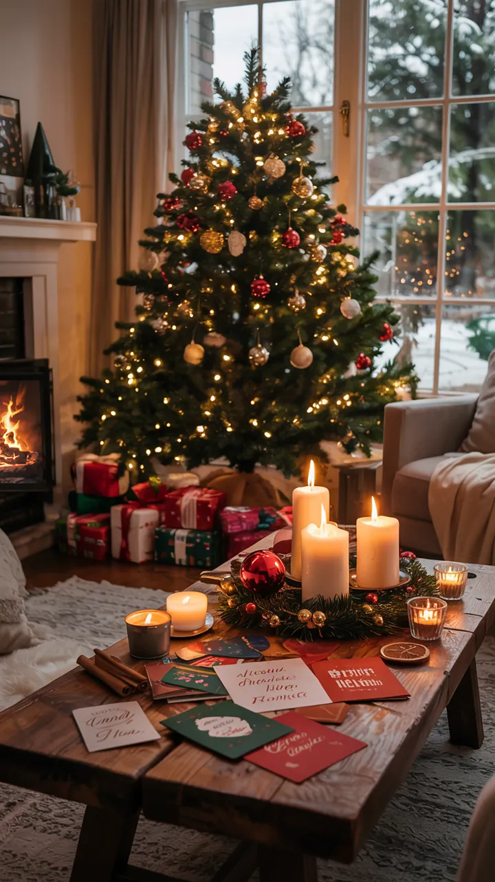 Ein festlich geschmückter Raum mit kreativen Winterelementen, die eine einladende Atmosphäre für die Feiertage schaffen. Ideal für die Gestaltung von Weihnachtsdekoration.