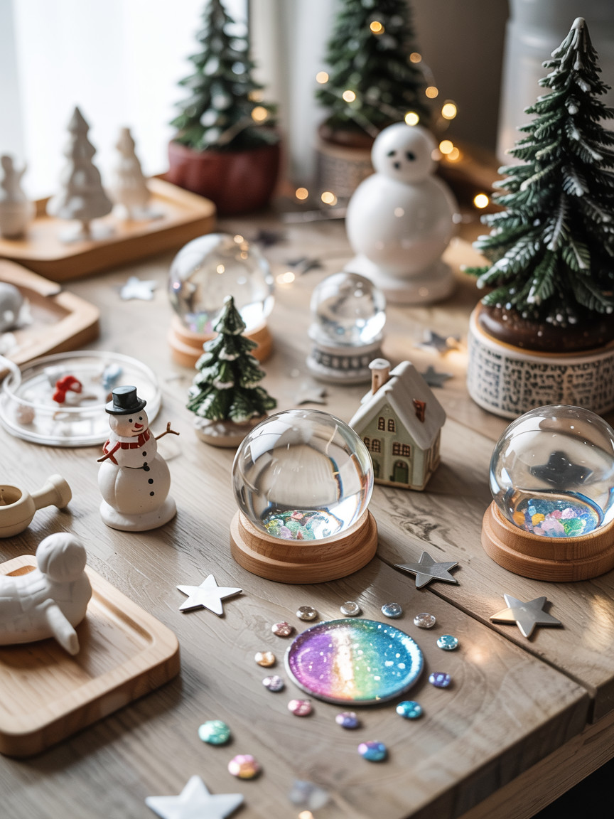 Basteltisch mit Schneekugel-Materialien, Glitter, Glycerin, Figuren, Nahaufnahme, helle Winterfarben, top-down Ansicht