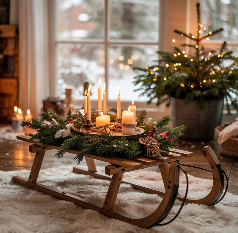 LED-Deko-Schlitten mit warmweißem Licht und winterlicher Atmosphäre.