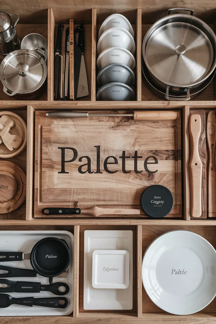 Seitliche Ansicht einer Schublade mit vertikalen Trennstegen; Deckel und Bleche stehen ordentlich; Keyword Schubladen ordnen Divider.