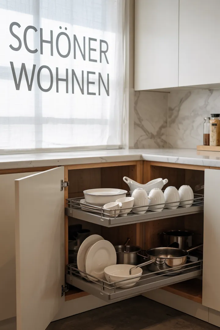 Foto eines geöffneten Eckunterschranks mit Eckauszug; klare Sicht auf Töpfe und Pfannen; Keyword Organisation Küche.