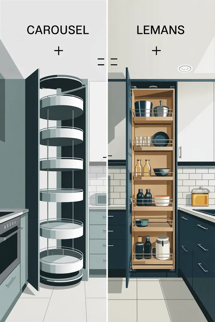 Foto eines geöffneten Eckschranks mit zwei Systemen nebeneinander visualisiert: Rundkarussell und LeMans-Auszug; klare Beschriftungen; Keyword Eckschrank Lösungen