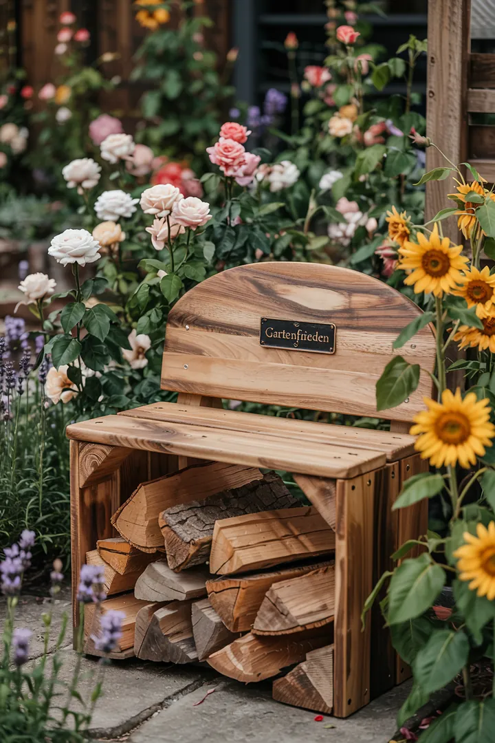 Ein einladender Gartenbereich mit einem stilvollen Holzpavillon, daneben ein gut strukturiertes Lager für Brennholz, ideal für gemütliche Abende im Freien.