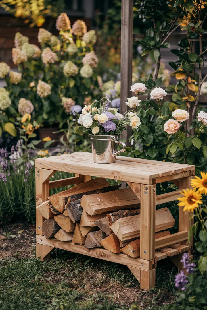 Ein rustikaler Holzständer für die praktische Lagerung von Brennholz, ideal für kreative Ideen zur Holzstapelung in einem gemütlichen Garten.