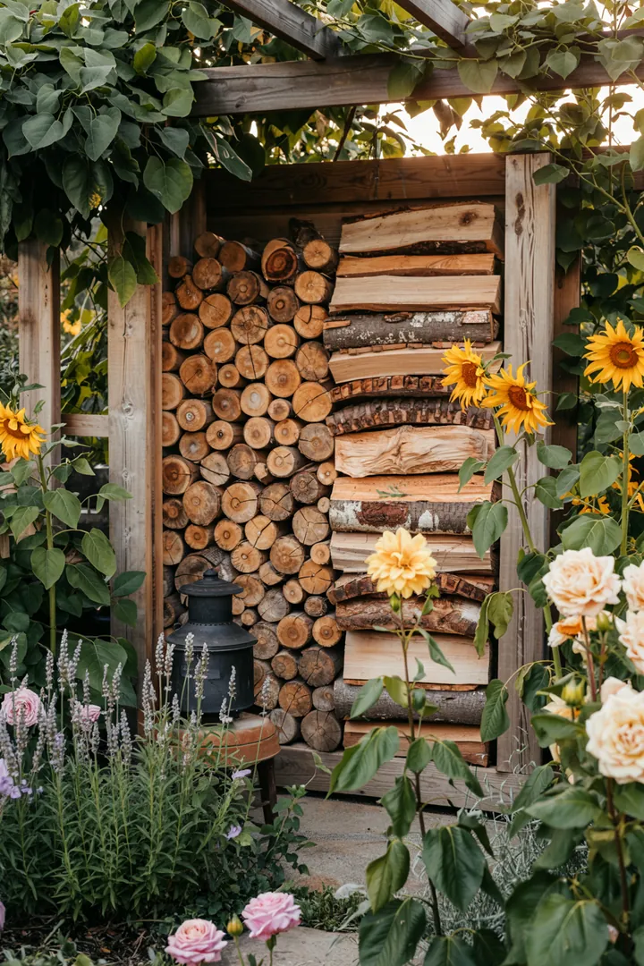 Ein harmonisch angeordnetes Holzlager im Freien, das sorgfältig gestapelt ist, um die natürliche Belüftung und Trocknung des gesammelten Holzes zu fördern.